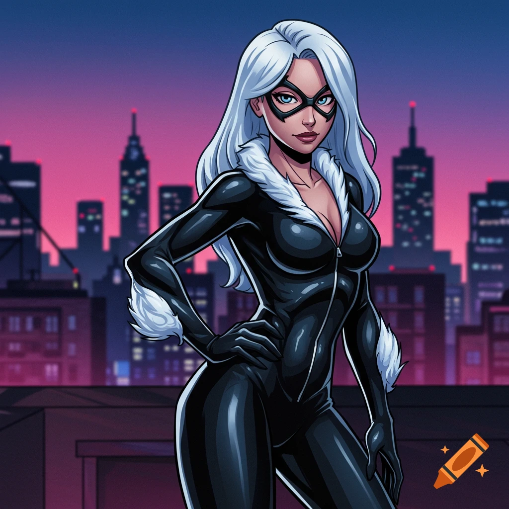 A cartoon drawing of Black Cat from Spider-Man in her black suit with white fur, standing on a rooftop with a city skyline at dusk.