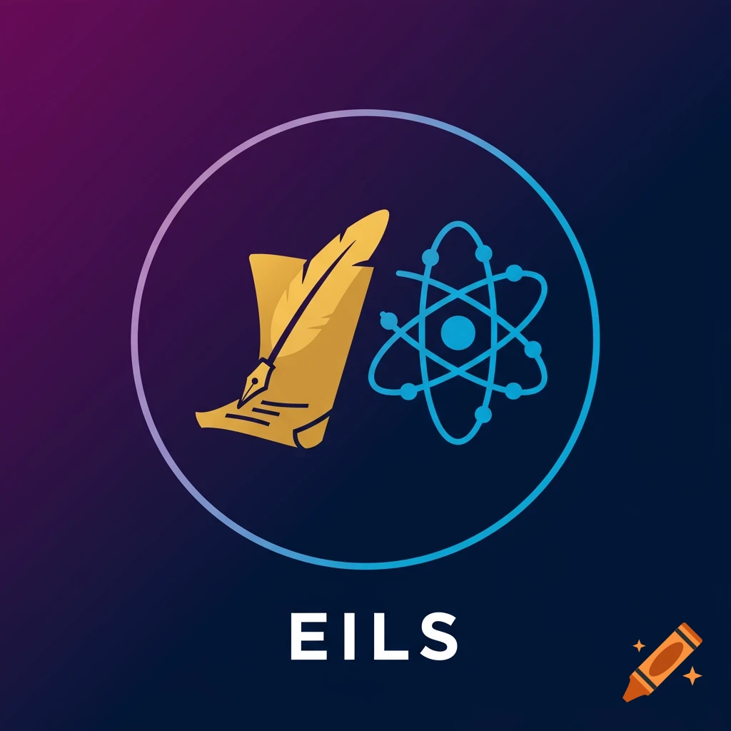 A minimalist circular logo featuring a golden quill pen and parchment on the left, a glowing blue atom symbol on the right, and the letters 'EILS' in bold white at the bottom, all set against a cosmic gradient background.