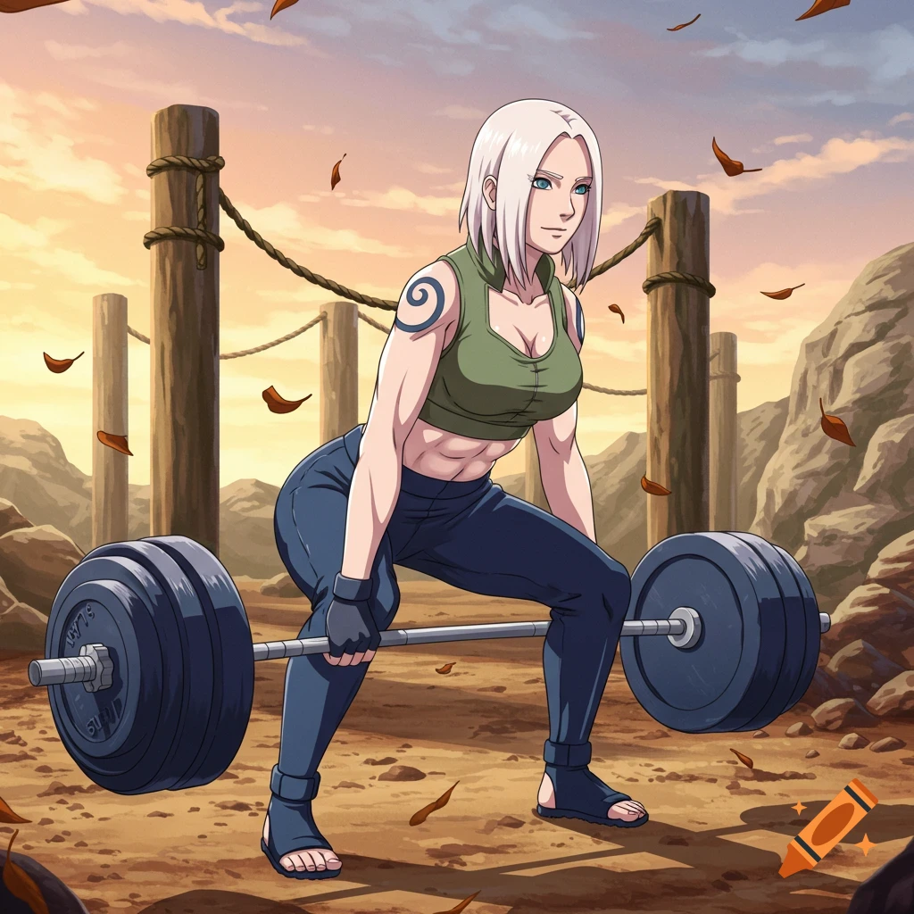 An anime-style woman with white hair and tattoos in a sports bra and pants performs a deadlift with a barbell in a rocky outdoor setting.