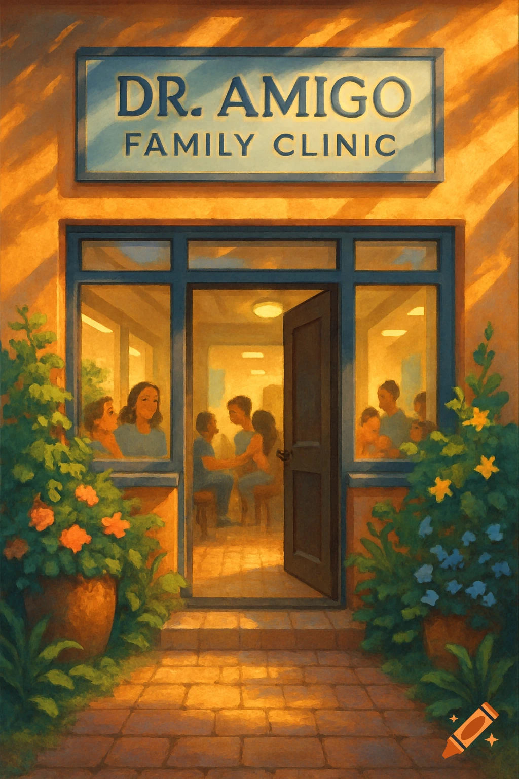 Impressionistic painting of Dr. Amigo Family Clinic entrance bathed in golden light, with people visible inside through the windows.