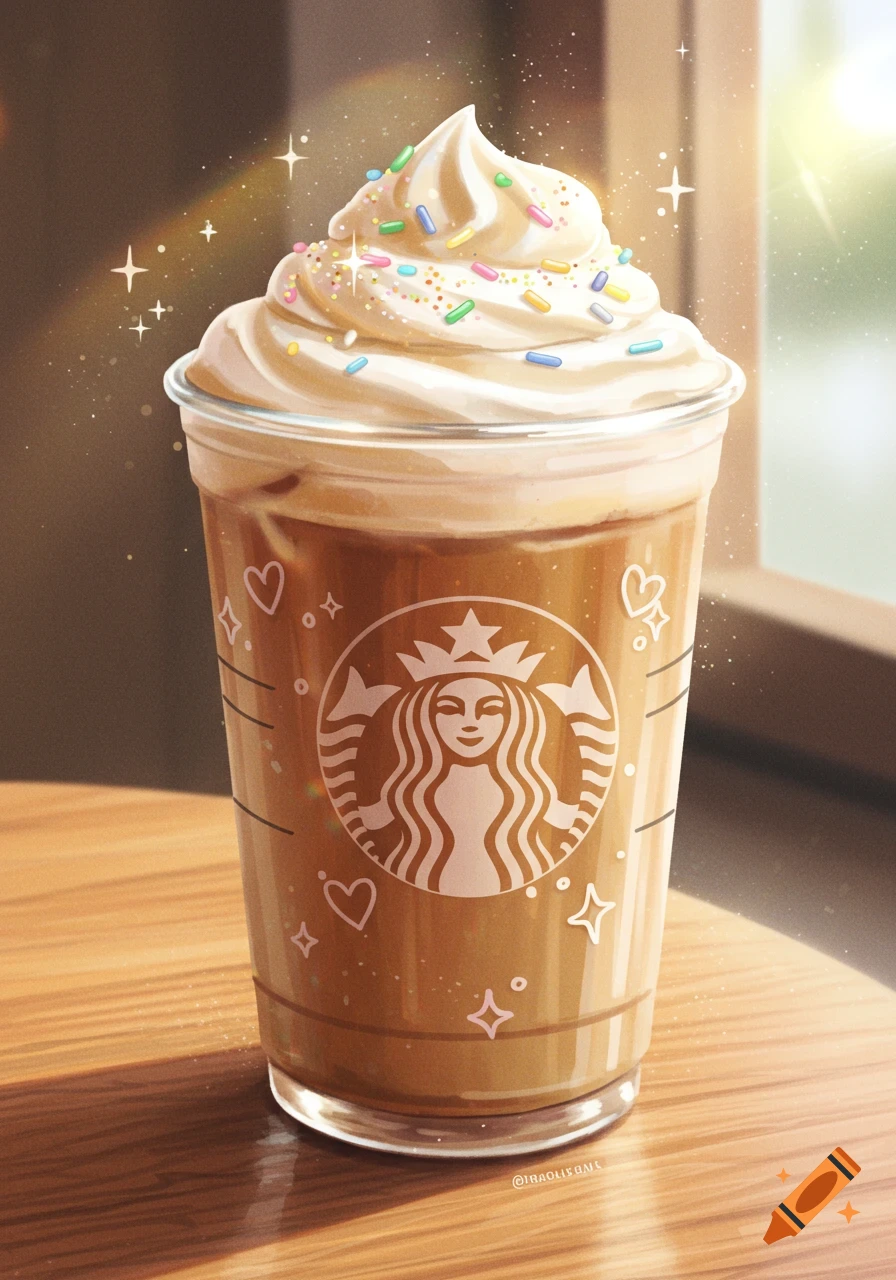 An anime-style iced Starbucks latte with whipped cream and colorful sprinkles sits on a wooden table, bathed in sunlight.