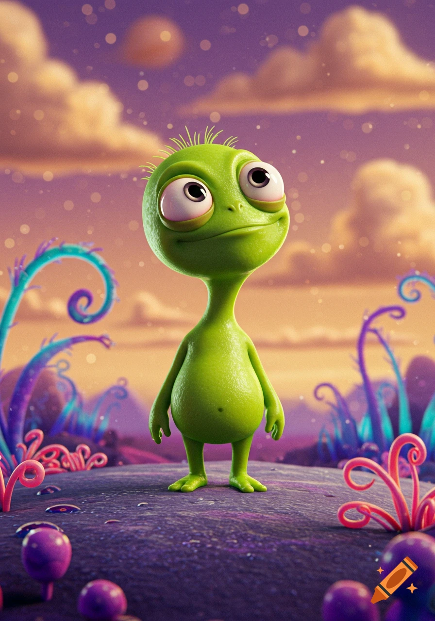A cute, green, silly alien stands on a purple alien planet with strange plants under a vibrant sky.