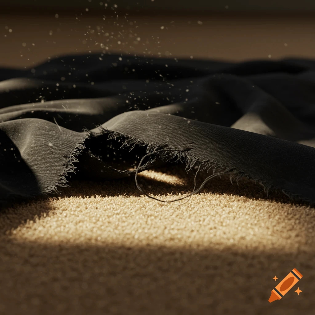 A close-up photorealistic shot of ripped black fabric lying on a beige carpet, with dust motes illuminated by sunlight.