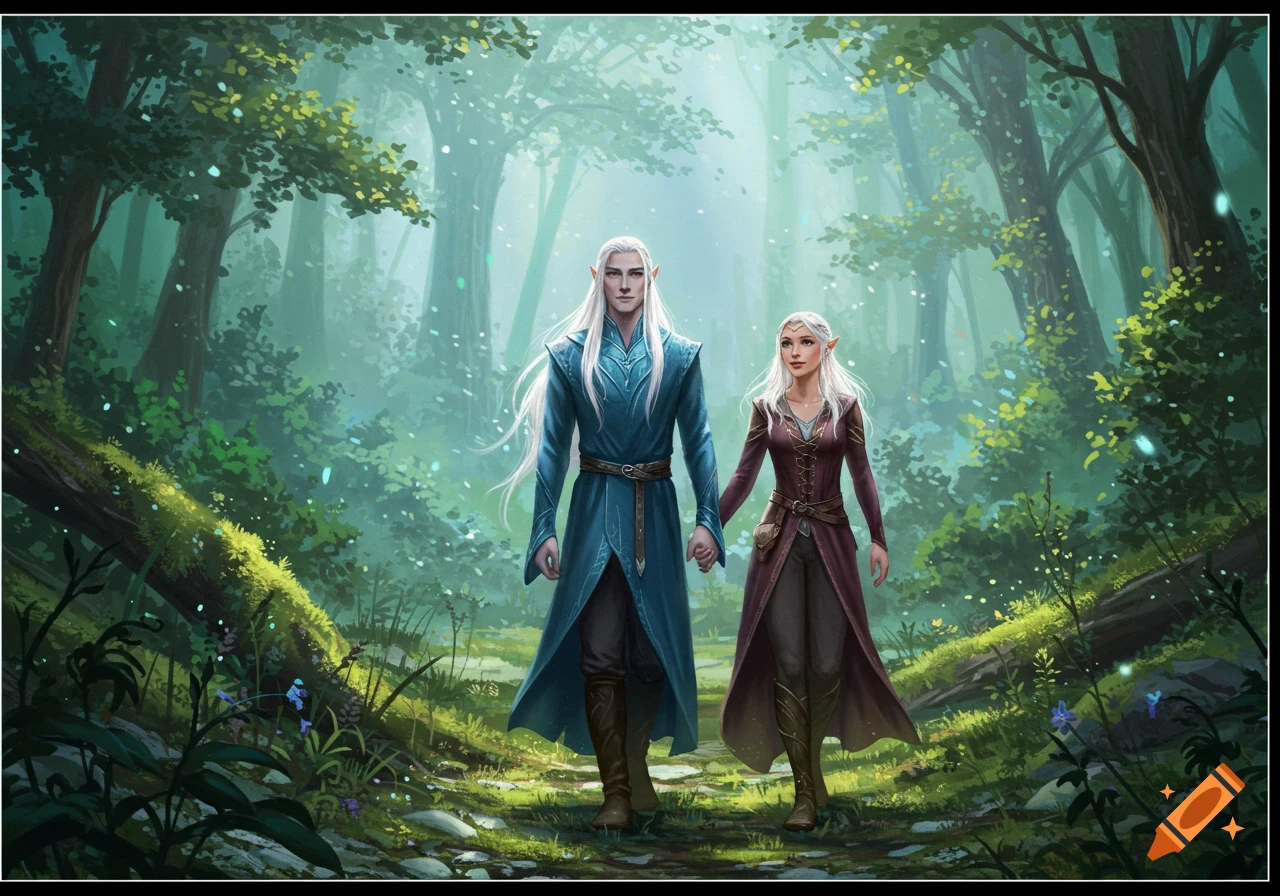 A male and female elf with white hair walk hand-in-hand through a mystical, light-dappled forest path in a fantasy art style.