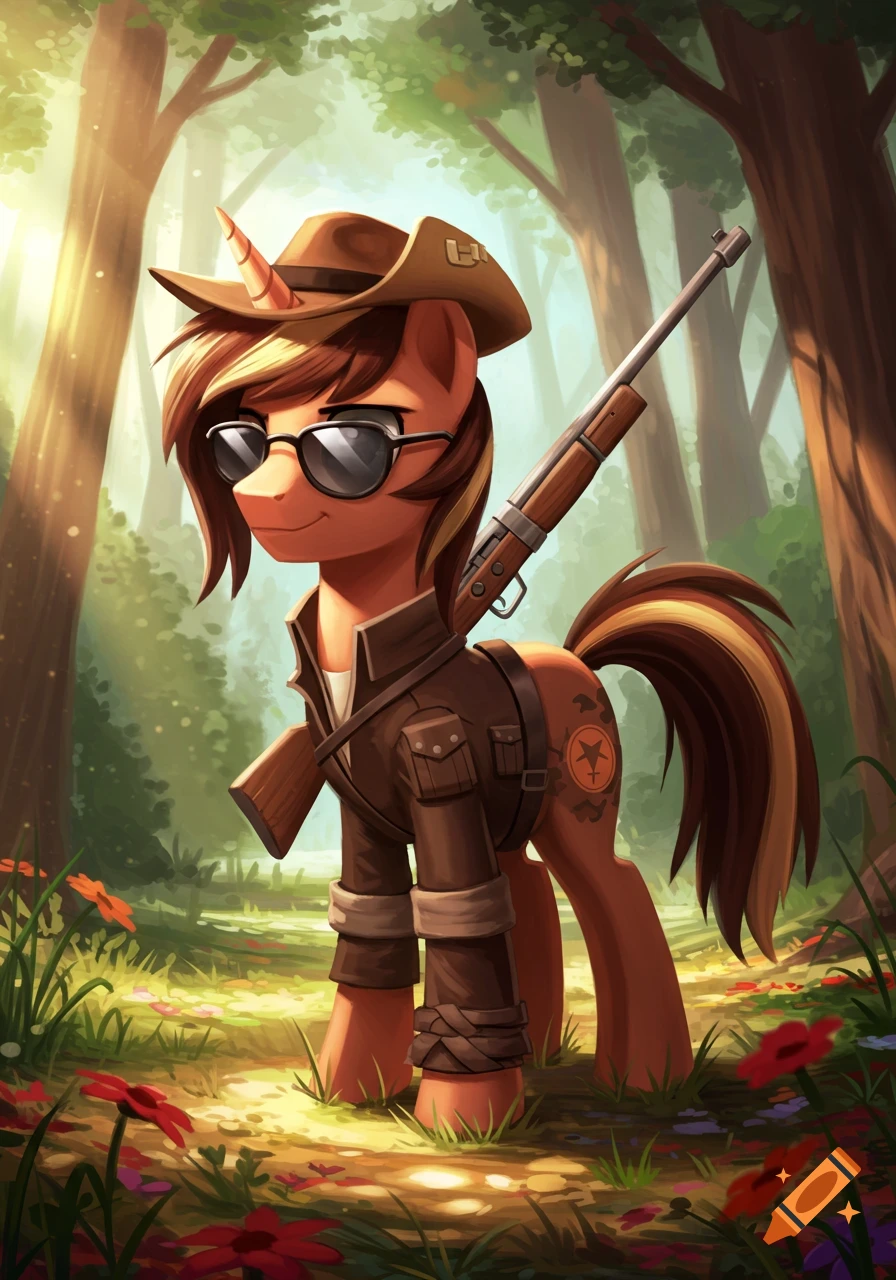 A My Little Pony character dressed as the Team Fortress 2 Sniper, wearing a cowboy hat and sunglasses, carrying a rifle, stands in a sun-dappled forest in a digital illustration.