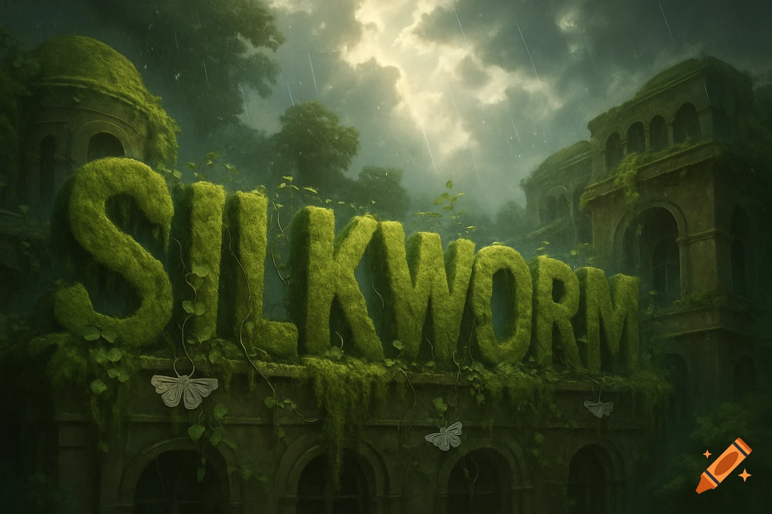 Moss-covered letters spelling 'SILKWORM' on ancient, overgrown buildings in a rainy, atmospheric landscape.