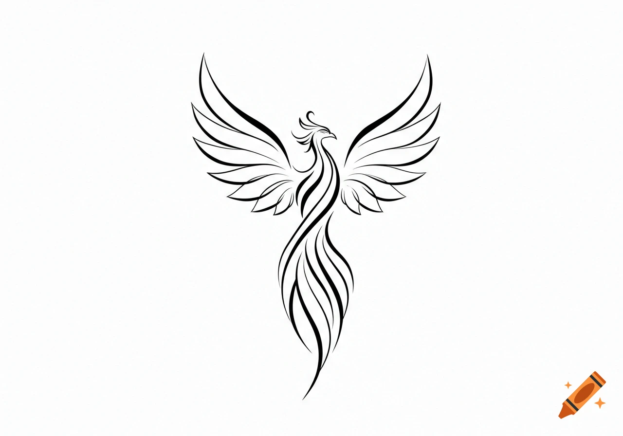 Black line art drawing of a phoenix with outstretched wings on a white background, tattoo style.