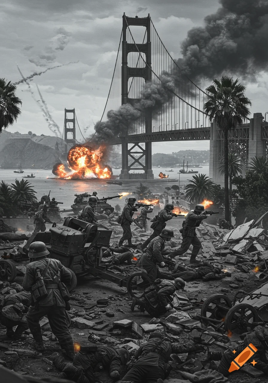 A black and white photorealistic image of a WWII battle with soldiers fighting amidst rubble, explosions around the Golden Gate Bridge.