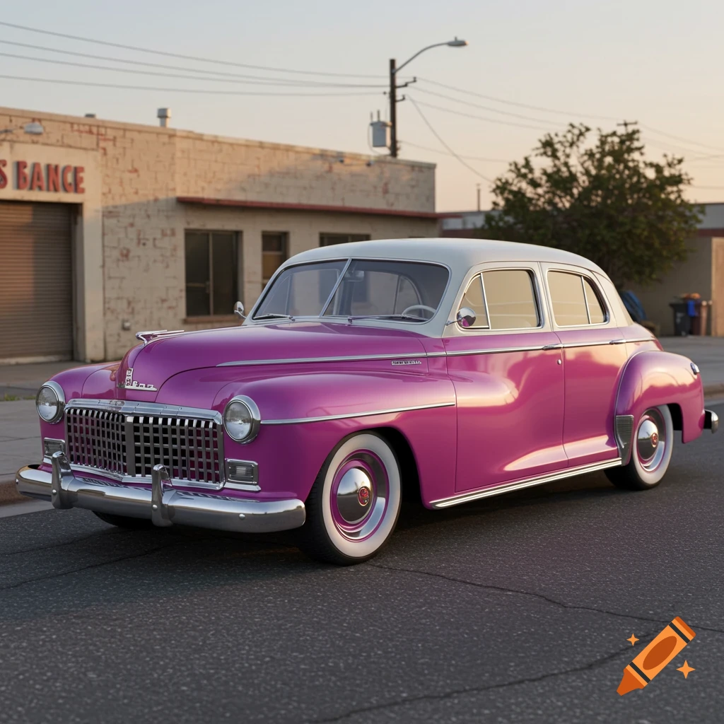 A magenta and pearl white 1947 Dodge Deluxe sedan with whitewall tires and chrome hubcaps parked on a street.