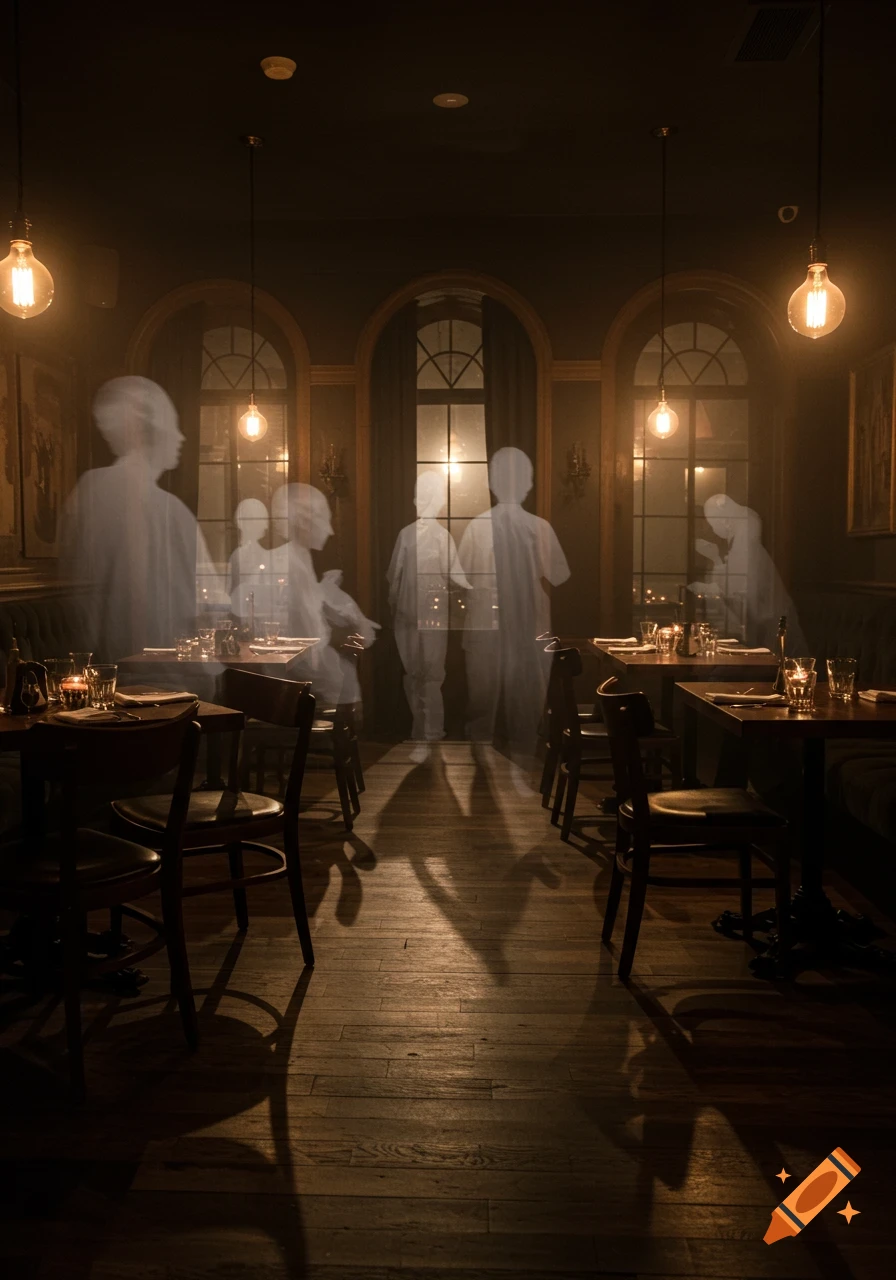 Eerie photo of a dimly lit restaurant with translucent ghost figures of patrons.