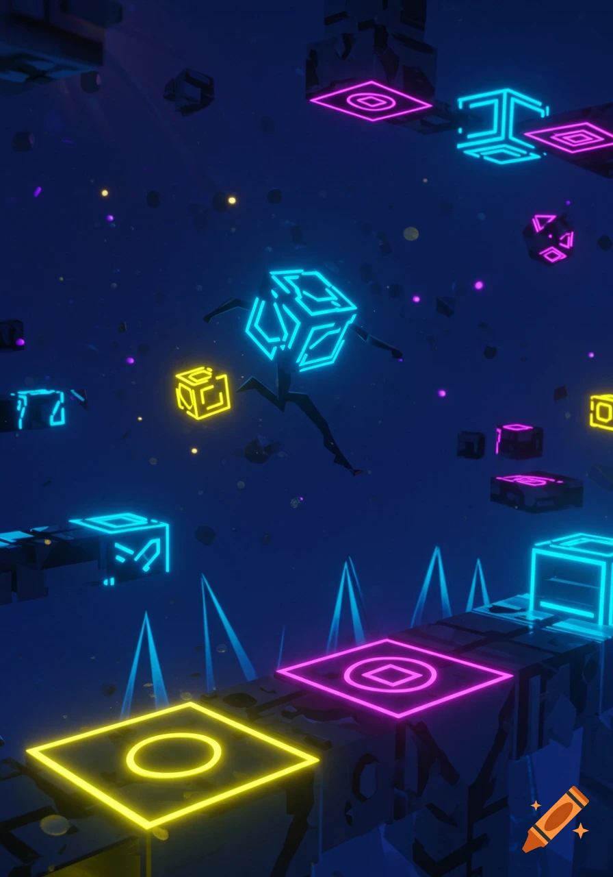 A low-poly figure with a glowing blue cube head jumps over obstacles in a neon-lit, abstract digital landscape with geometric platforms.