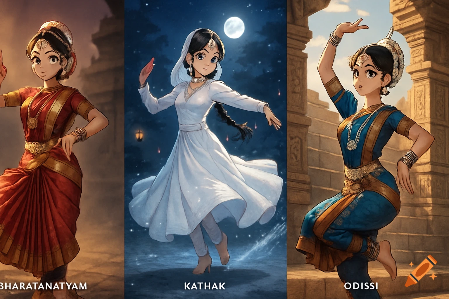 Three anime-style female dancers in traditional Indian attire representing Bharatanatyam, Kathak, and Odissi dances. Each is in a distinct pose against different backdrops.