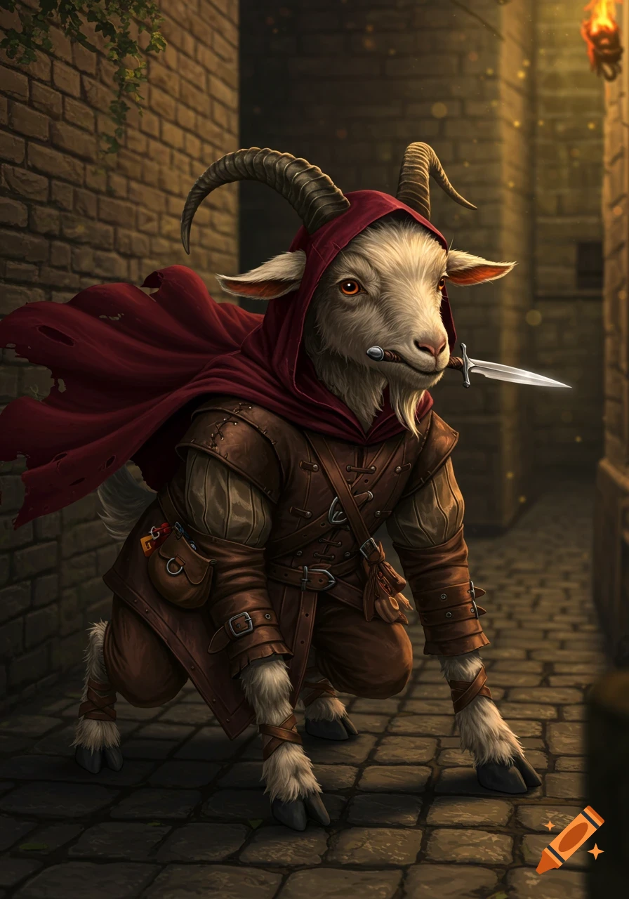 A fantasy goat rogue with a red hood and leather armor, holding a dagger in its mouth, crouches in a stone alley.