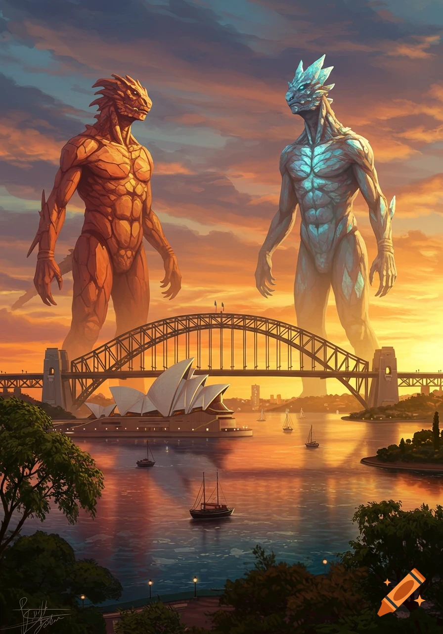 Two colossal reptilian titans stand behind the Sydney Opera House and Harbour Bridge at sunset, overlooking the Sydney harbour with boats.