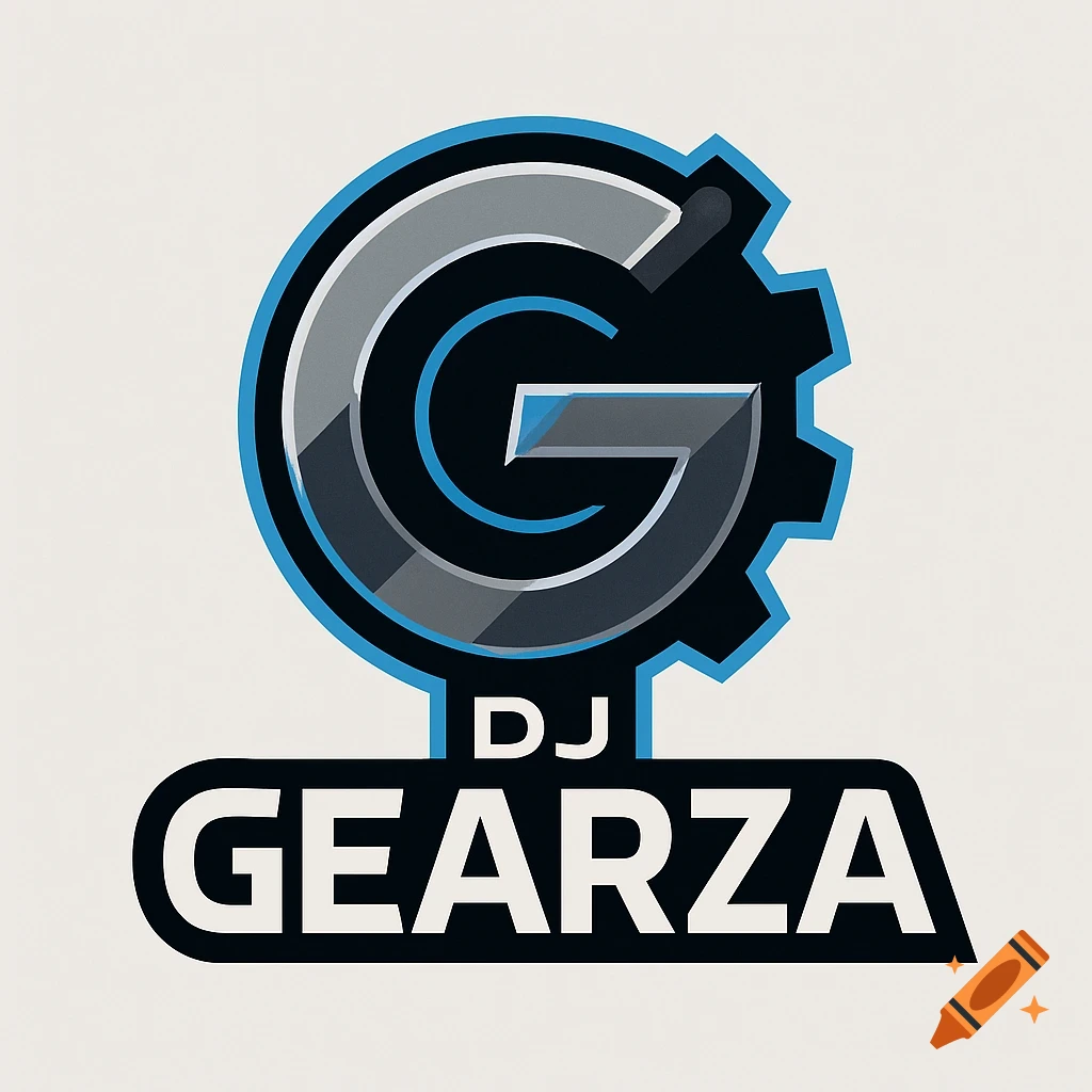 A modern logo featuring a stylized blue and gray letter 'G' inside a black gear shape, with the text 'DJ GEARZA' in white letters on a black banner below it, all on a light background.