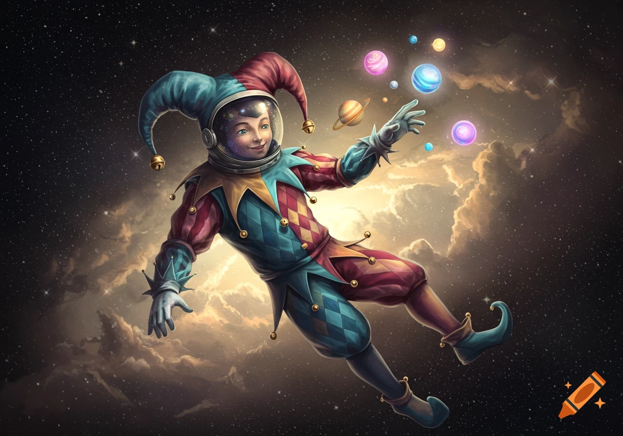 A cheerful jester astronaut in colorful attire floats in space, juggling luminous planets against a starry background with clouds.