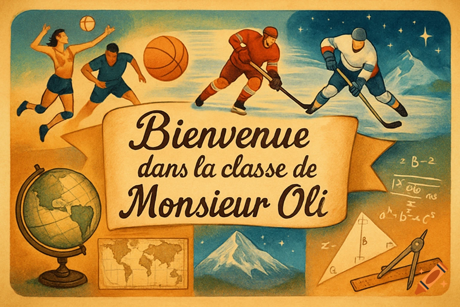 Vintage-style school poster with text "Bienvenue dans la classe de Monsieur Oli", featuring volleyball and hockey players, a globe, world map, mountain, and math equations with tools.