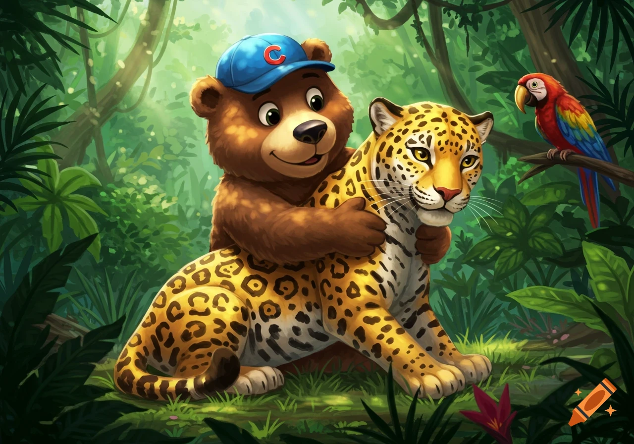 Animated cartoon bear in a blue cap hugging a jaguar in a lush jungle with a parrot.