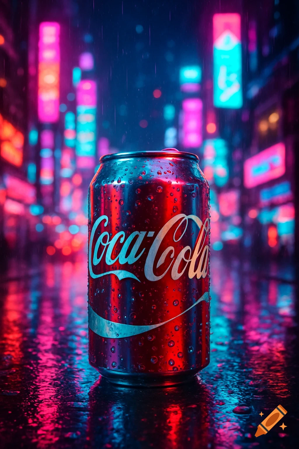 A wet Coca-Cola can on a rainy street with a blurry cyberpunk city background lit by neon lights.