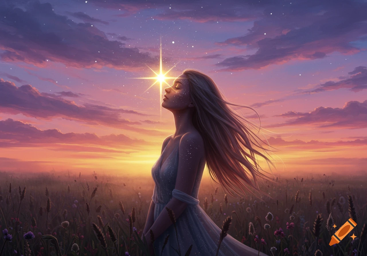 A dreamy portrait of a woman bathed in light from a bright star in a field at sunset with flowing hair.