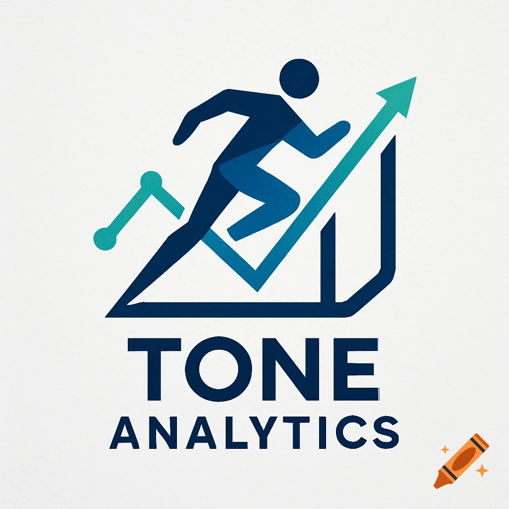 A logo featuring a dark blue stylized runner on an upward trending chart with the text 'TONE ANALYTICS'.