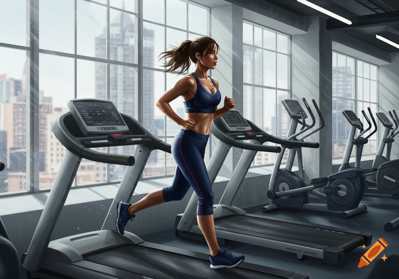 A woman with a ponytail runs on a treadmill in a modern gym with large windows overlooking a city.
