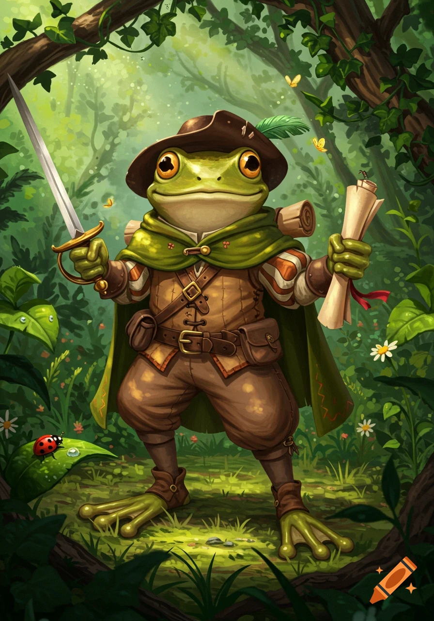A cheerful anthropomorphic frog in adventuring clothes holding a sword and scroll in a sunlit forest, fantasy illustration.