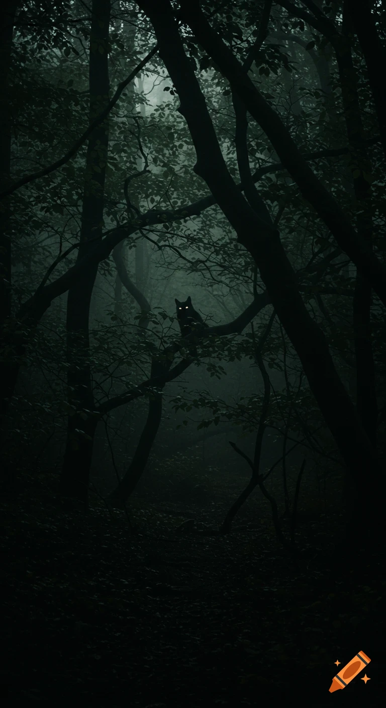 A black cat with glowing yellow eyes sits on a tree branch in a dark, misty forest.