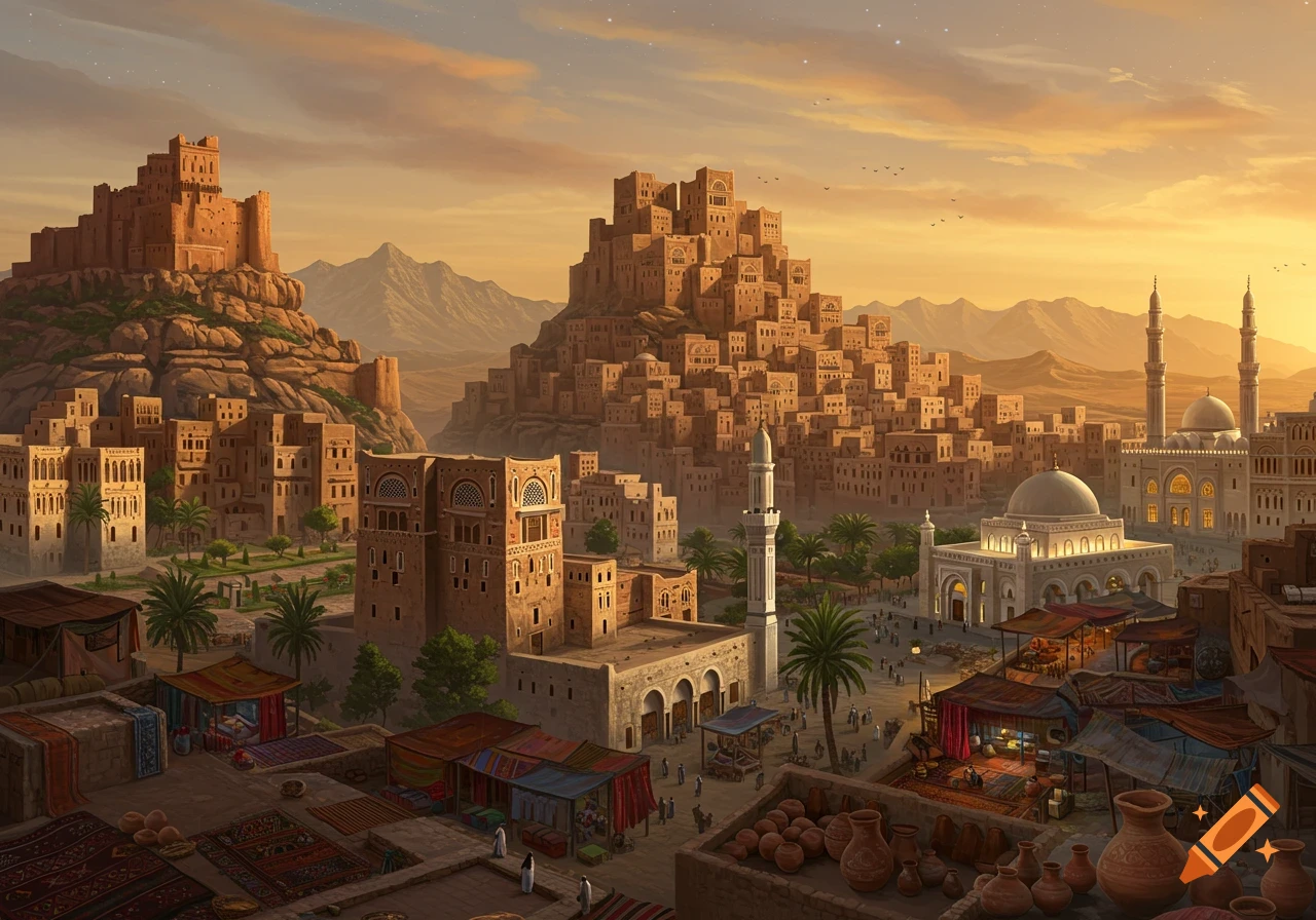 Digital painting of an ancient desert city with tiered mud-brick buildings, mosques, and markets, under a vibrant sunset sky.