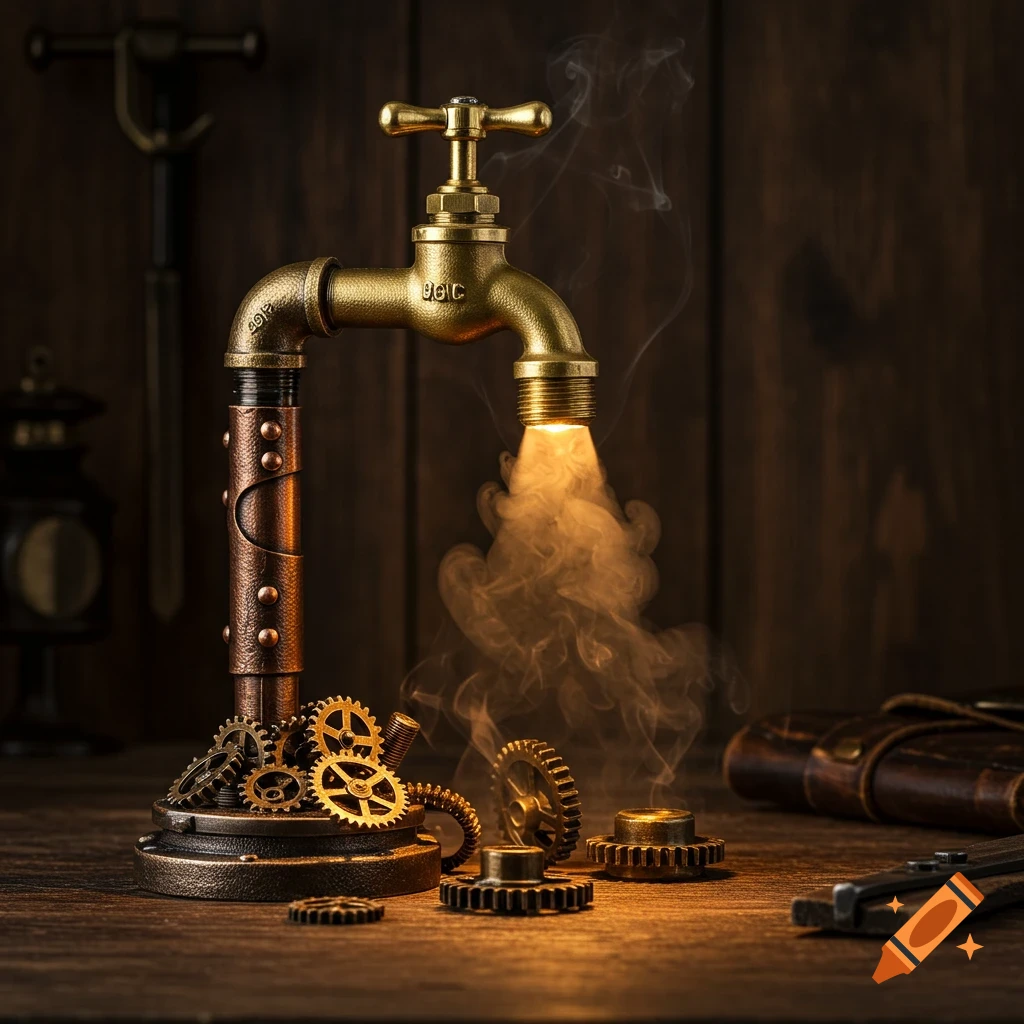 A steampunk-style brass faucet with a copper pipe base, serving as a lamp with light and smoke emanating from the spout, surrounded by gears on a wooden surface.