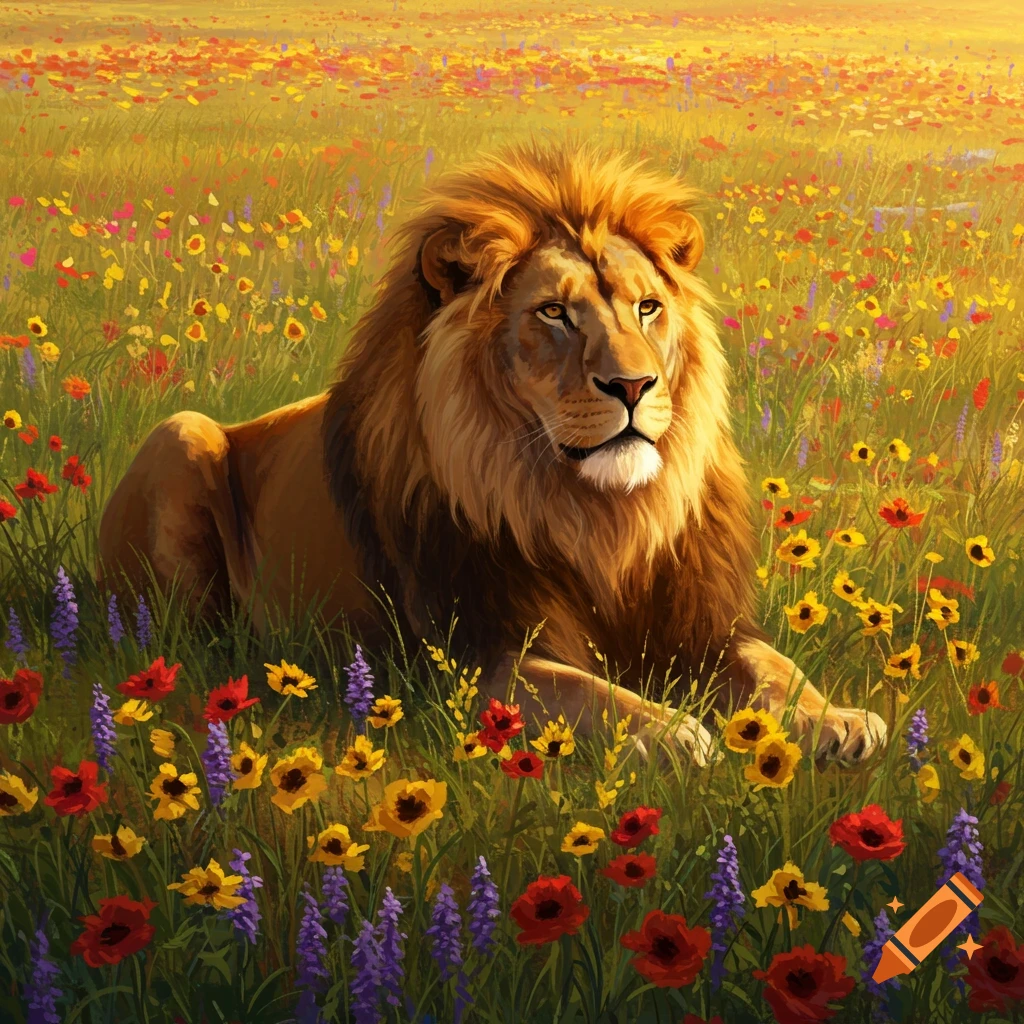 A majestic lion with a golden mane rests in a field of red, yellow, and purple wildflowers under a warm sky.