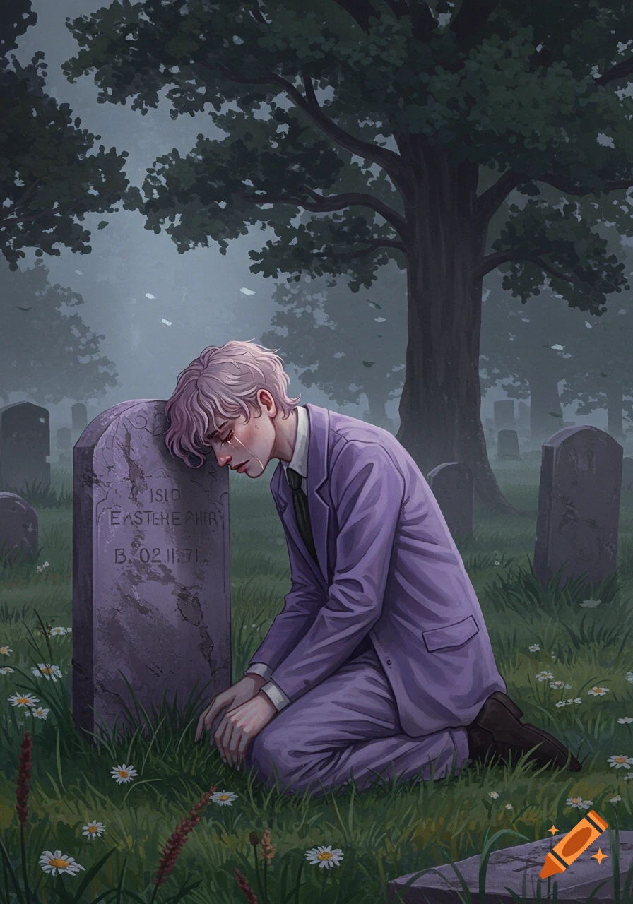 A sad person with purple hair leans and cries on a tombstone in a misty cemetery. Anime style.