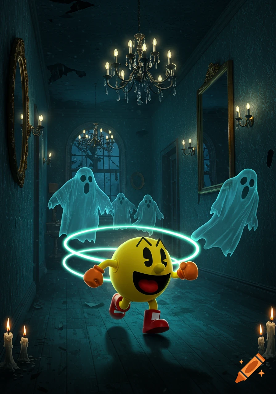 Pac-Man runs through a dark, haunted mansion, surrounded by glowing rings as ghostly apparitions float behind him.