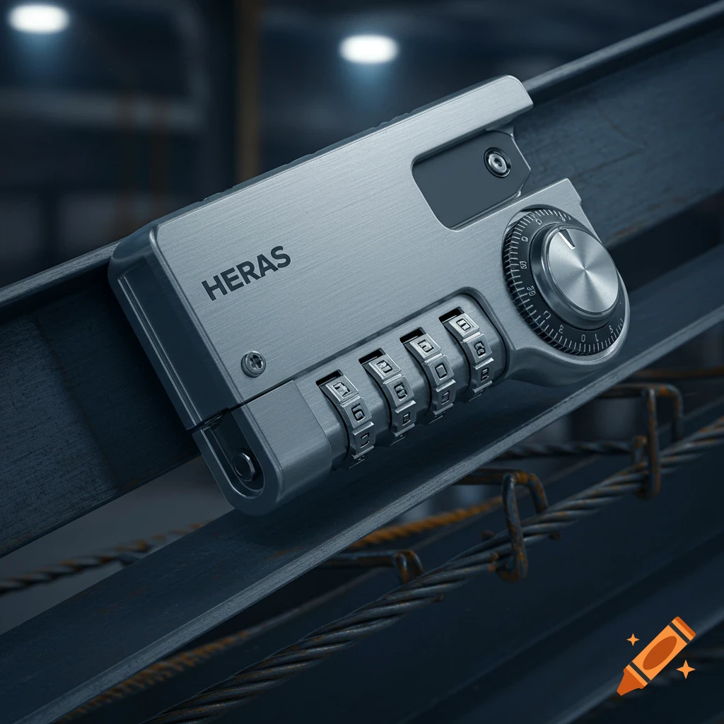 Close-up, photorealistic view of a silver Heras fence clip with a combination lock mechanism, set against a dark, industrial background.