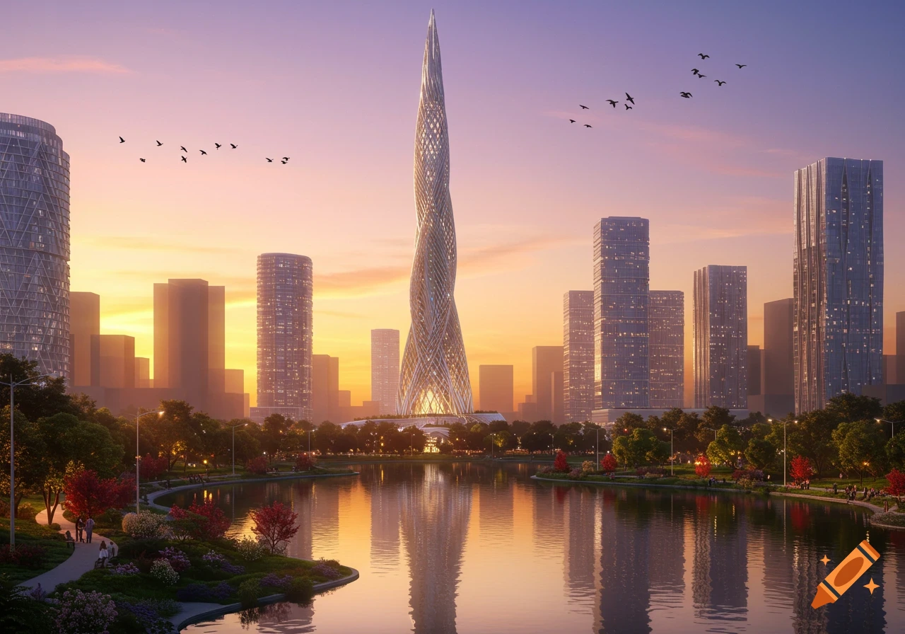 A futuristic city skyline at sunset with a twisting skyscraper, modern buildings, a calm lake, and a lush park.
