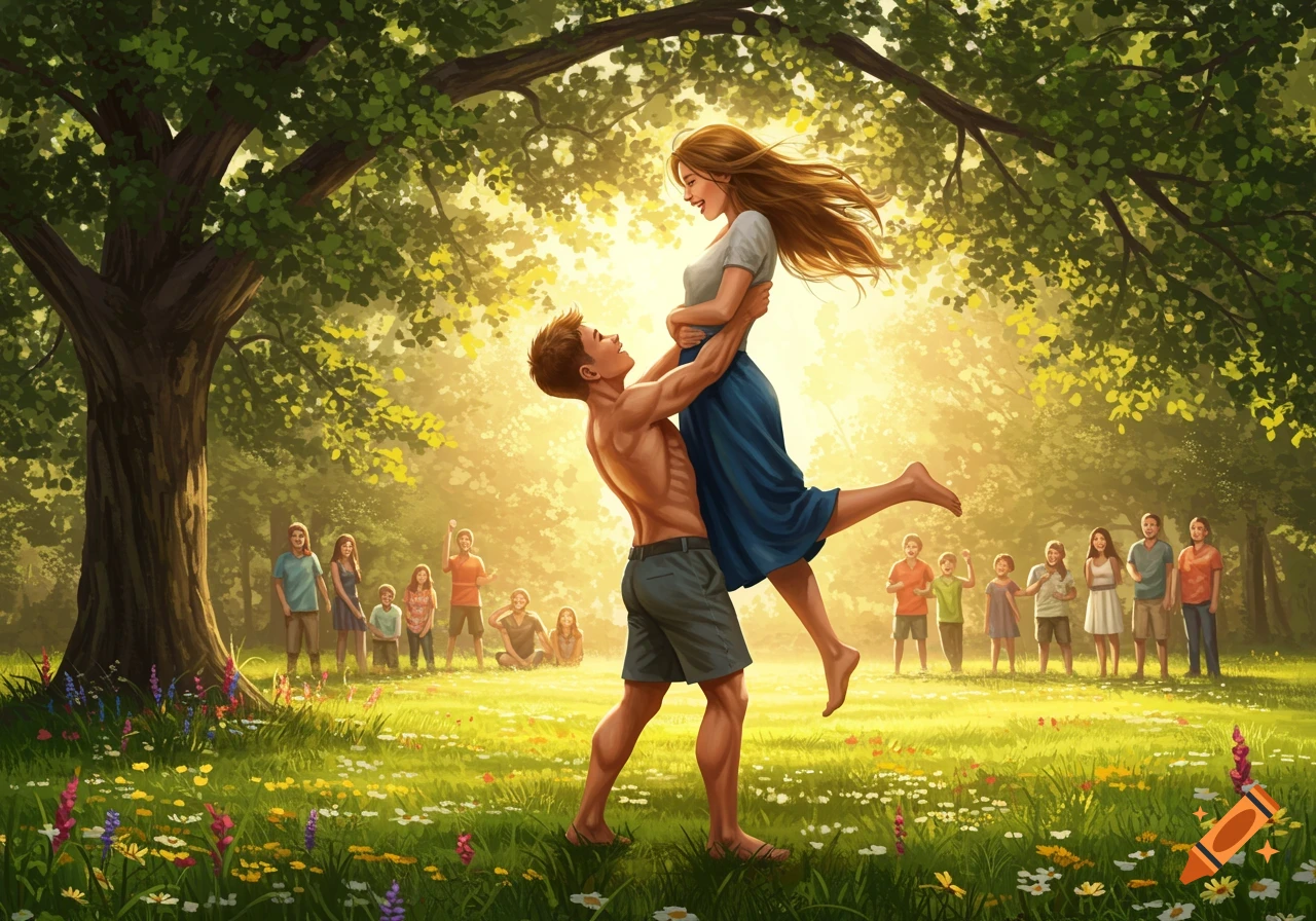 A man lifts a smiling woman in a sunlit park with wildflowers. Other people watch in the background. Digital painting.