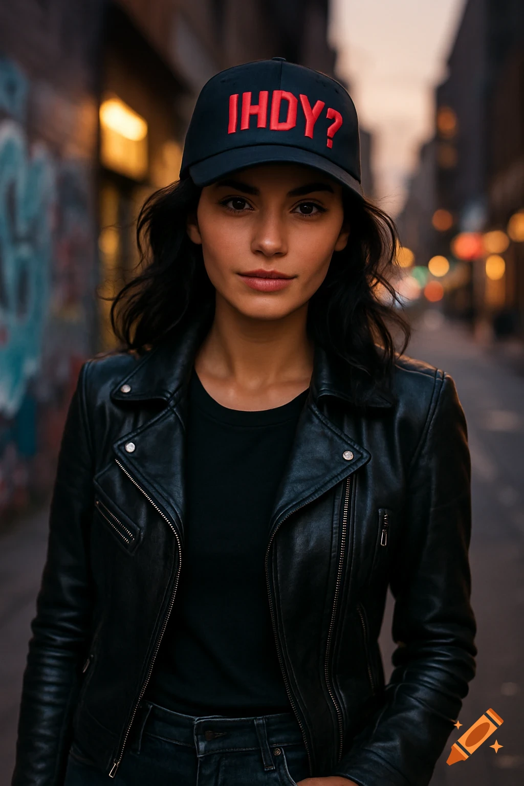 A young woman wearing a black leather jacket and a black baseball cap with red "IHDY?" lettering, looking at the camera on an urban street.