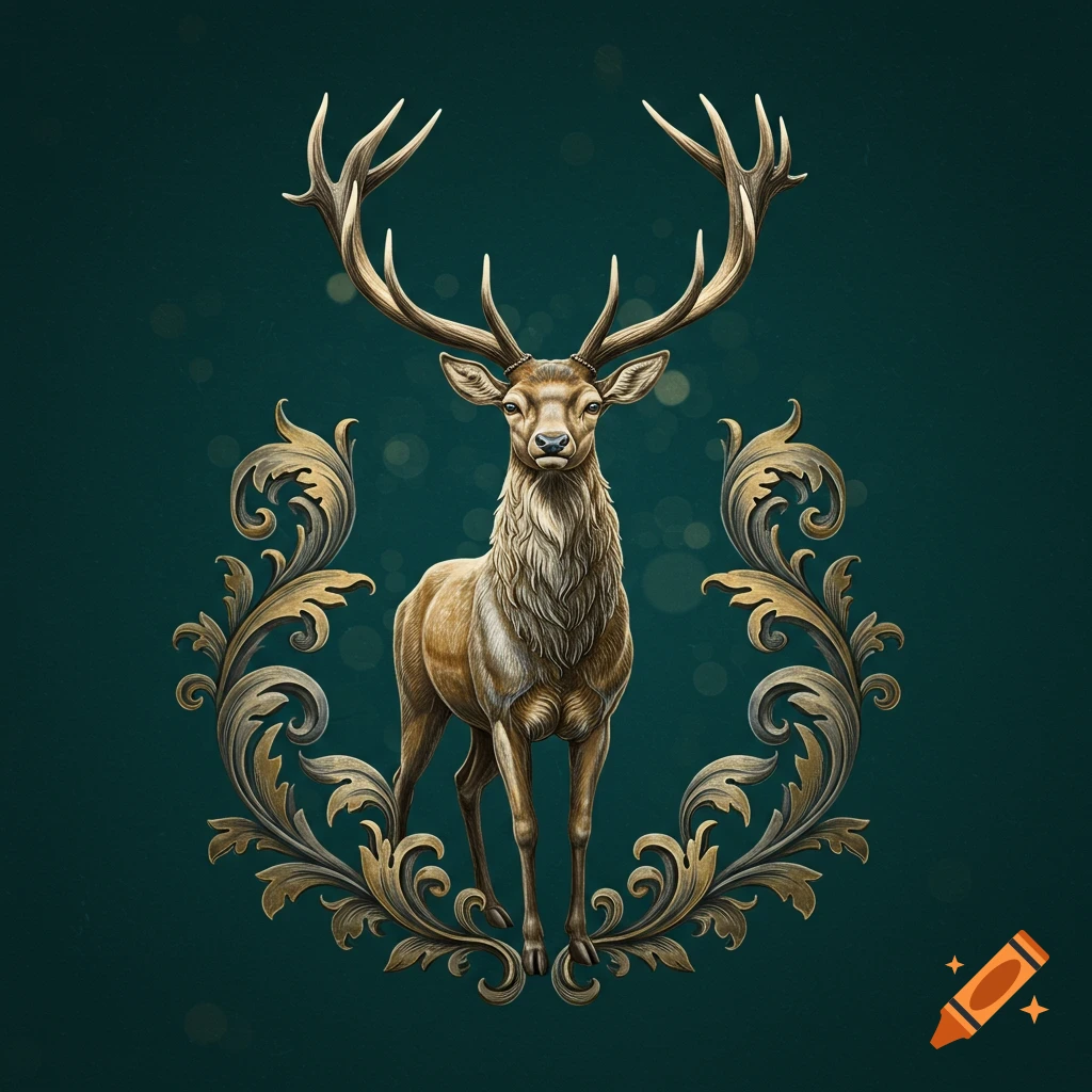 A brown deer with large antlers stands front and center, framed by an ornate gold border against a dark teal background.