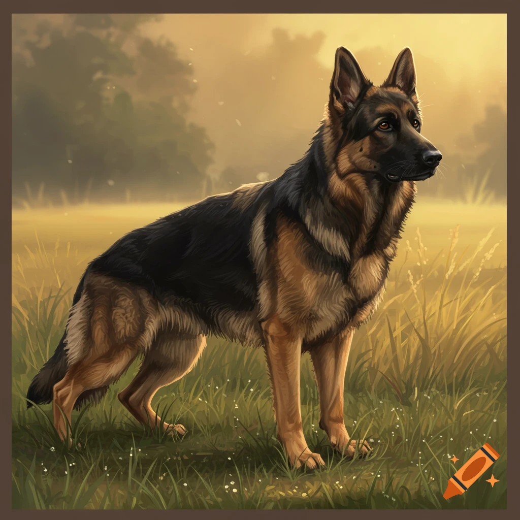 A German Shepherd dog stands in a grassy field with golden light, trees in the background, illustrated style.