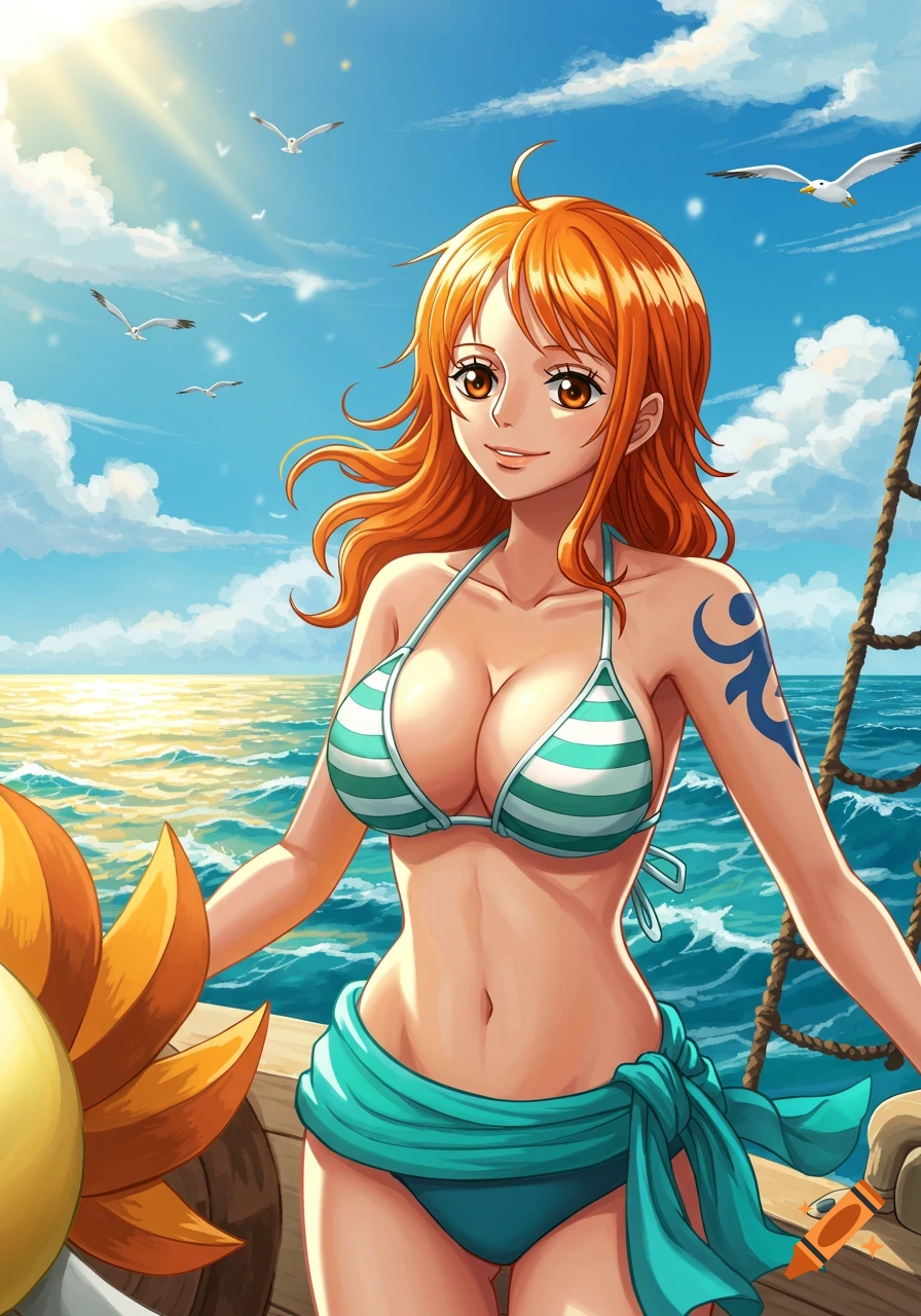 Anime character Nami in a striped bikini on a ship deck overlooking a sunny ocean with seagulls.