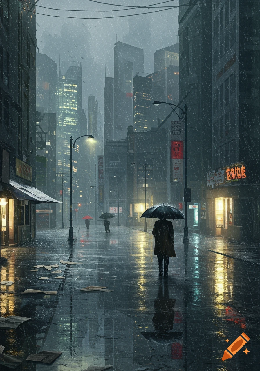 Rainy city street at night, people with umbrellas walk past illuminated buildings, reflections on wet pavement.