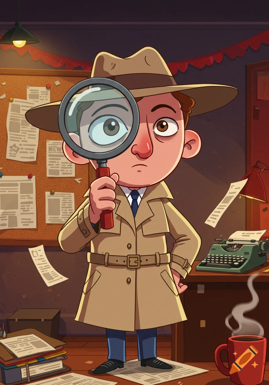 A cartoon investigative journalist in a trench coat and fedora holds a magnifying glass over one eye, looking forward intently in a messy office.