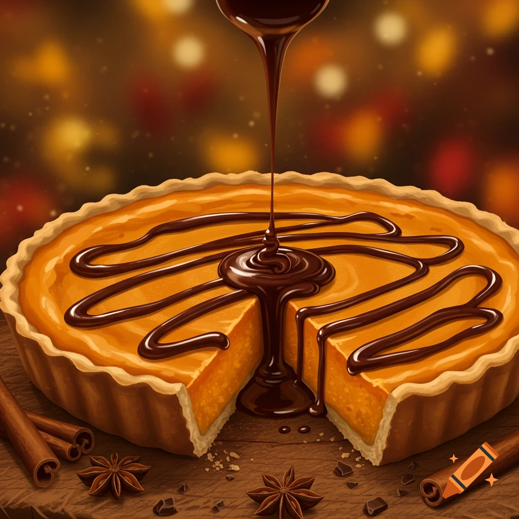A pumpkin pie with a slice removed, topped with drizzled chocolate sauce. Cinnamon sticks and star anise are on the wooden surface beside it.