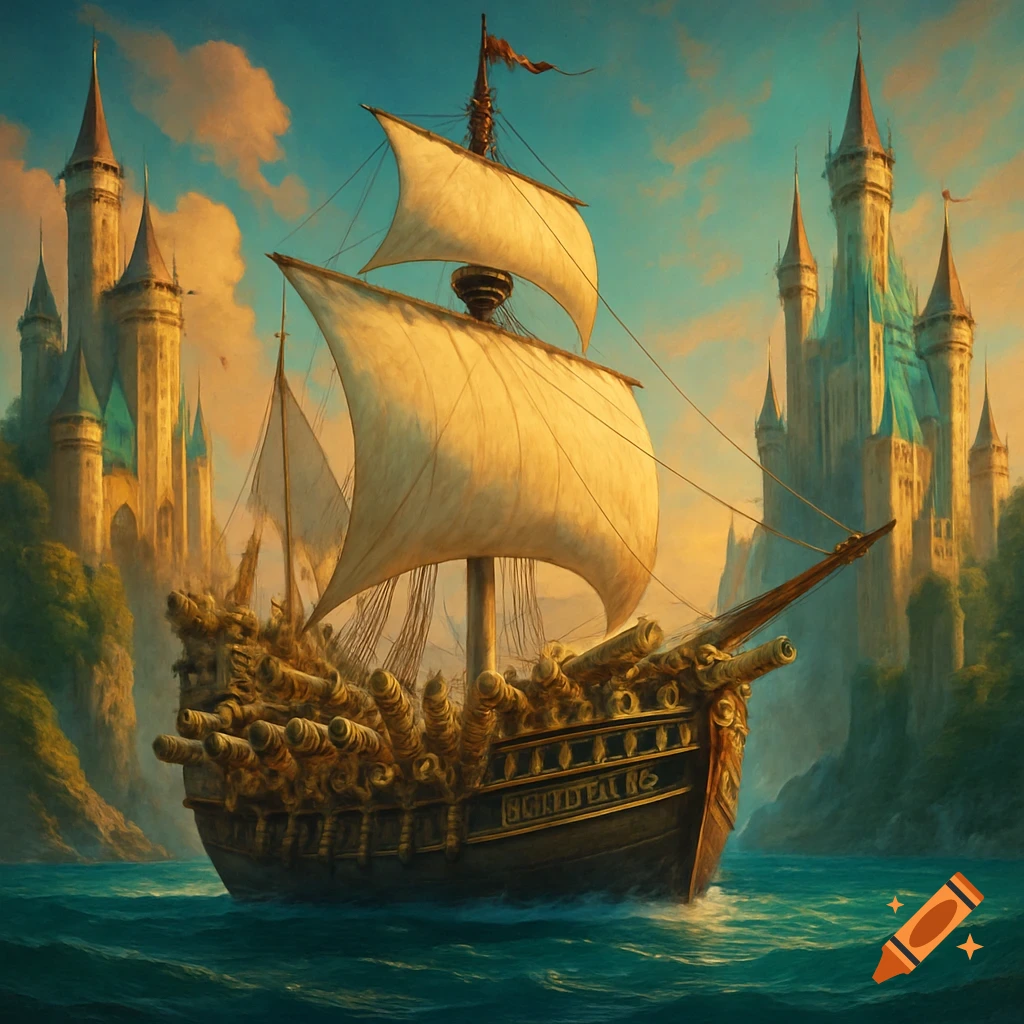A heavily armed medieval fantasy ship with many cannons sails on a blue sea between two towering, ornate castles under a dramatic sky.