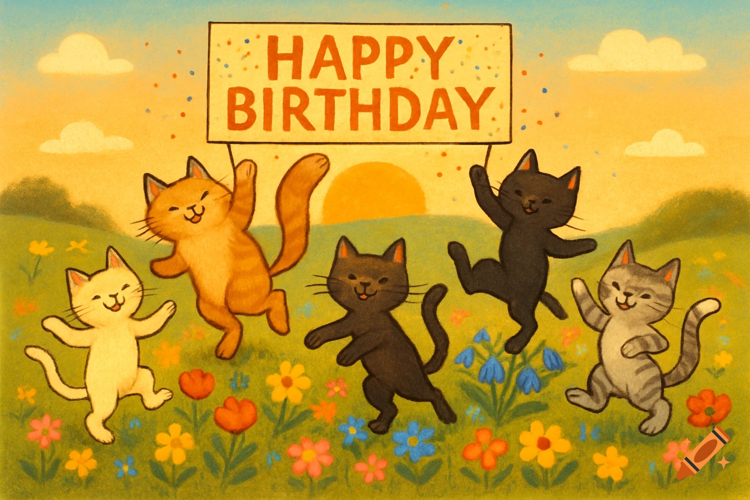 Five cartoon cats in a grassy field with colorful flowers, dancing joyfully under a banner that reads "HAPPY BIRTHDAY" against an orange sunset.