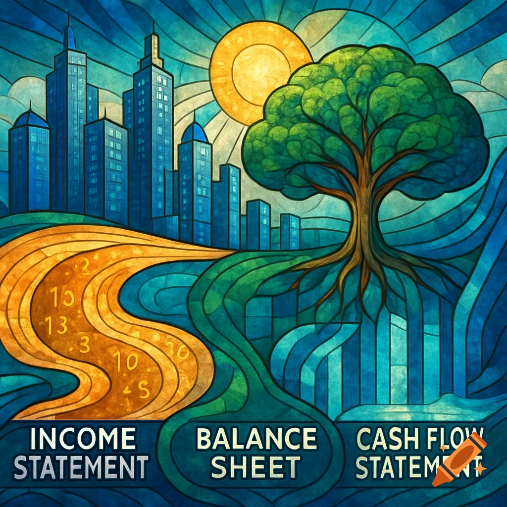 A colorful stained-glass style illustration depicting a cityscape on the left with a winding golden path containing garbled numbers, and a large tree with exposed roots on the right, all under a bright sun. Below are labels: INCOME STATEMENT, BALANCE SHEET, CASH FLOW STATEMENT.