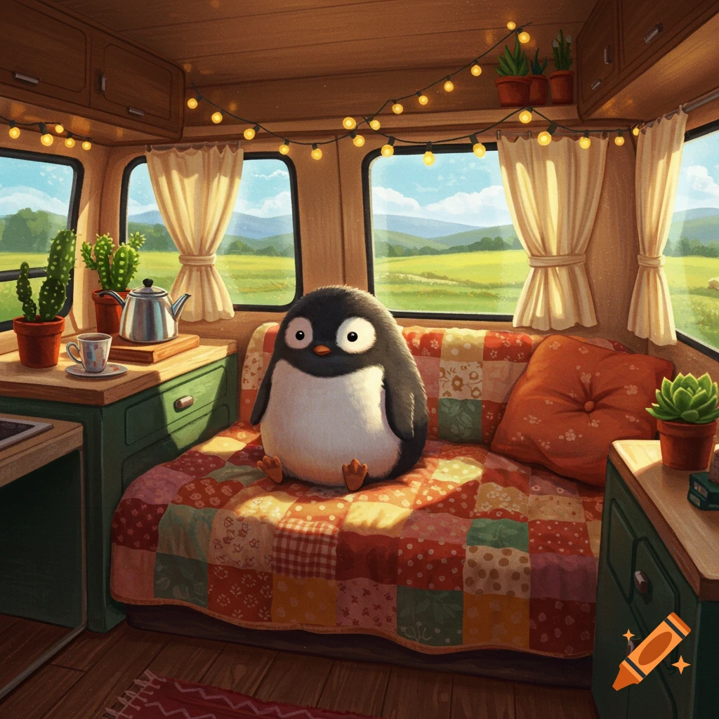 A cute, fluffy penguin sitting on a colorful patchwork quilt inside a cozy campervan with string lights and a scenic window view.