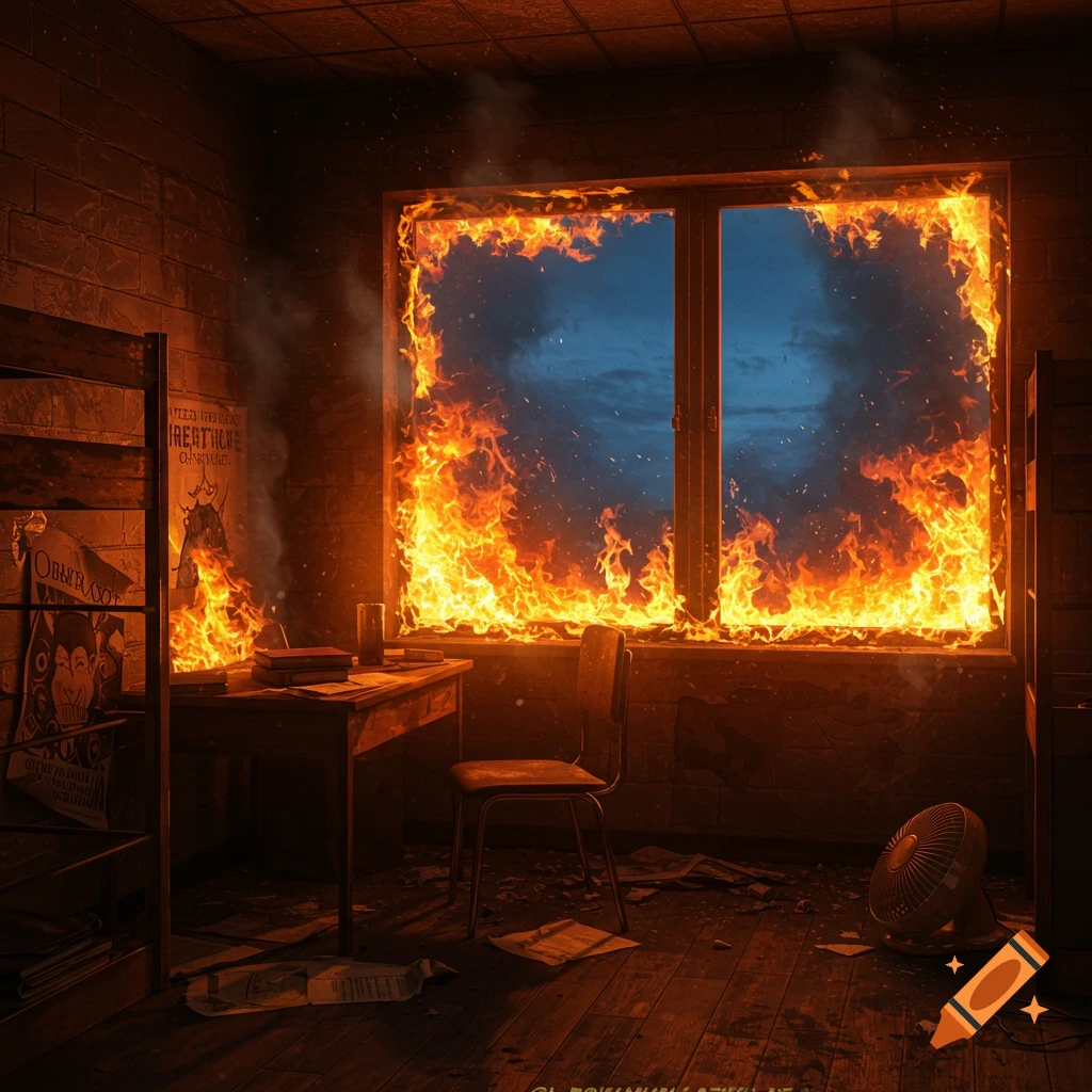 A dark dorm room with a window engulfed in bright orange flames, casting a fiery glow across a desk, chair, and fan.