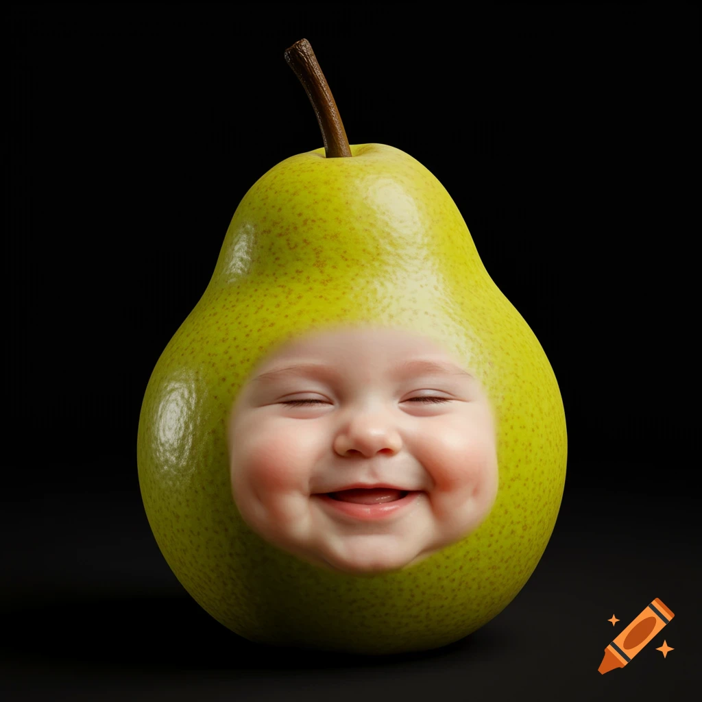 A photorealistic green pear with a happy, smiling baby's face embedded in it, set against a black background.