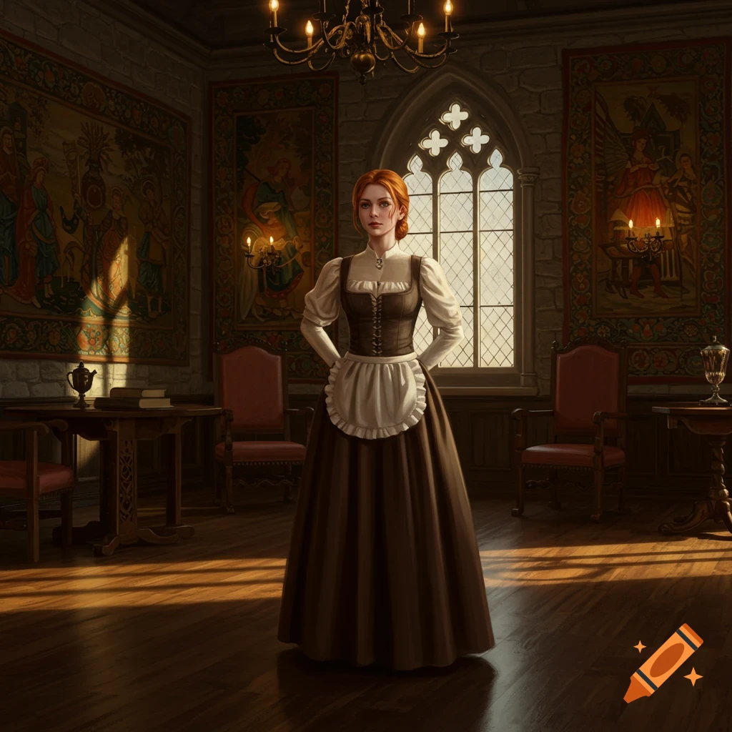 A pale-skinned redhead woman in a brown traditional servant dress stands in an opulent manor room with tapestries and a gothic window, bathed in sunlight.